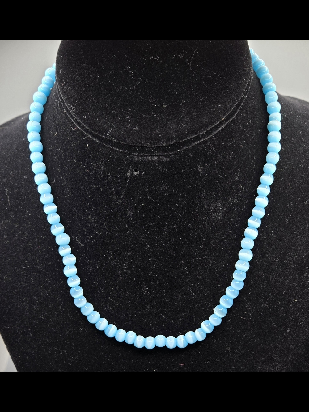 Blue Cat's Eye Beaded Necklace w/ Silver Tone Barrel Clasp 15" Long